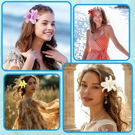 Flower Hair Clips Bohemian style Artificial Tropical Double-petaled orchid Hair Accessories for Woman Girl Beach Vacations travel (Red)