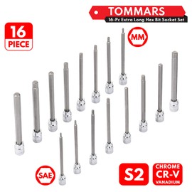 TOMMARS 16-Pc 3/8 Inch Drive Long Hex Bit Socket Set, Extra Long Allen Socket Set, CR-V and S2 Steel, SAE & Metric 1/8-3/8 in., 3-10 mm.