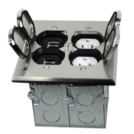 Enerlites 975549-S-D Nickel Plated Brass 2-Gang Floor Box Flip Open Assembly, 20A Tamper Weather Resistant Duplex Electrical Outlet, RJ45 Ready Data Ports,