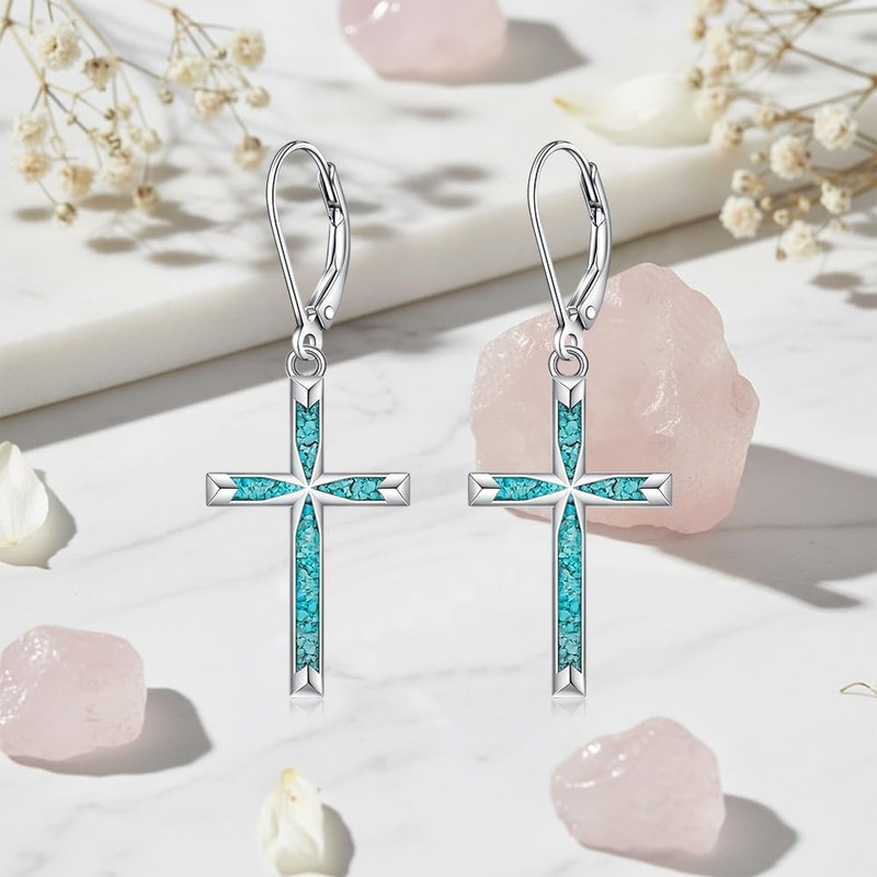 Cross Earrings for Women Sterling Silver Cross Earrings Dangle Turquoise