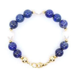 Jen Herrmann Jewelry Blue Lapis & Pearl Bracelet, Large Rich Statement 10mm Gold Fill Round Jewelry - 7"