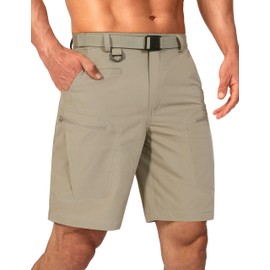 Shallowlulu - Pantalones cortos de senderismo para hombre, resistentes al agua, de secado rápido, ligeros, transpirables, tácticos con cinturón de nailon, Caqui piedra, 54W x 10L