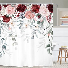 Yookeb Eucalyptus Leaves Burgundy Flower Bathroom Shower Curtain 60W by 71H Inch Sage Green Farmhouse Floral Watercolor Plant Botanical Accessory Polyester 12 Plastic Hooks Waterproof Decor