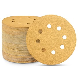 100 Pcs Abrasive 5 in Gold Sanding Disc Hook and Loop 8 Hole 60/80/120/180/240 Grit Sandpaper Round Sandpaper for Random Orbital Sander