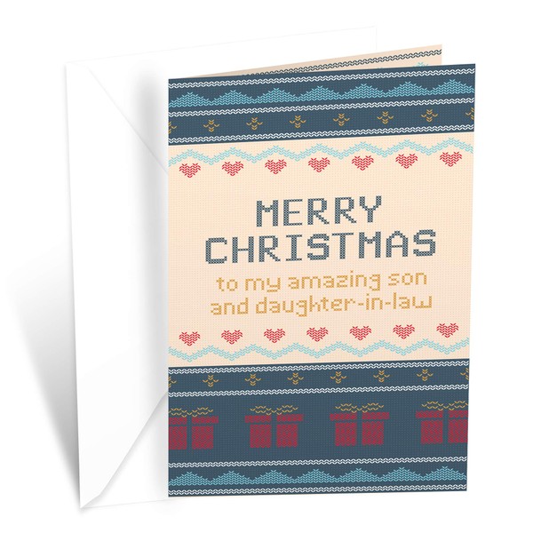 Prime Greetings Christmas Card Son and Wife (Daughter In Law), Made in America, Eco-Friendly, Thick Card Stock with Premium Envelope 5in x 7.75in, Packaged in Protective Mailer