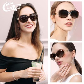 CGID Retro Large Sunglasses Women's Polarised UV400 Protection, A glossy black frame grey lens/polarised