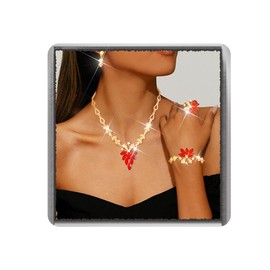 Ushiny Sparkling Crystal Pendant Necklace Ring Earrings and Bracelet Jewellery Set Red Flower Prom Accessories for Women