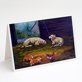 Caroline's Treasures Corgi Chaos in the barn with sheep Greeting Cards and Envelopes Pack of 8