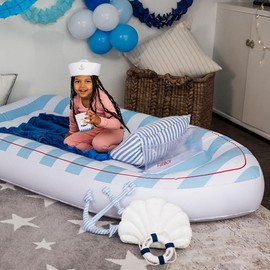 FUNBOY Kids Classic Speed Boat Travel Bed & Air Mattress. Perfect for Sleepovers. Includes Carrying Storage Bag, Twin,White/Blue
