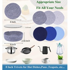 Trivets for Hot Dishes, MuieorVue Hot Pads for Kitchen, Pot Holders，Heat Resistant Mats for Countertop，8 Inch for Hot Pots and Pans with Storage Basket，Hot Plate Mat，Farmhouse Decor(8" Blue)