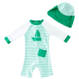 upandfast Baby/Toddler Swimsuit UPF 50+ Sun Protection One Piece Zipper Bathing Suit with Sun Hat Infant Beach Swimwear (Green Boat(LS), 6-9 Months)