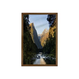 Lunarable Mountain Framed Wall Art, Photo of Mountains with Snowy Peaks and Valley River Peace Nature, Fabric Decor with Teak Tone Wood Frame Home & Dorm Decor, 23" x 35", Blue Grey Green