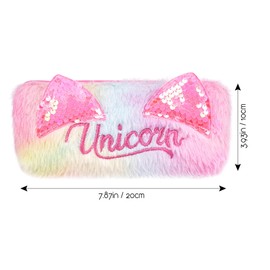 Biiange 2Pcs Plush Pen Case, Fluffy Cat Ear Sequin Pencil Pouch, Soft Zipper Pen Box & Makeup Storage Bag for Daily Work