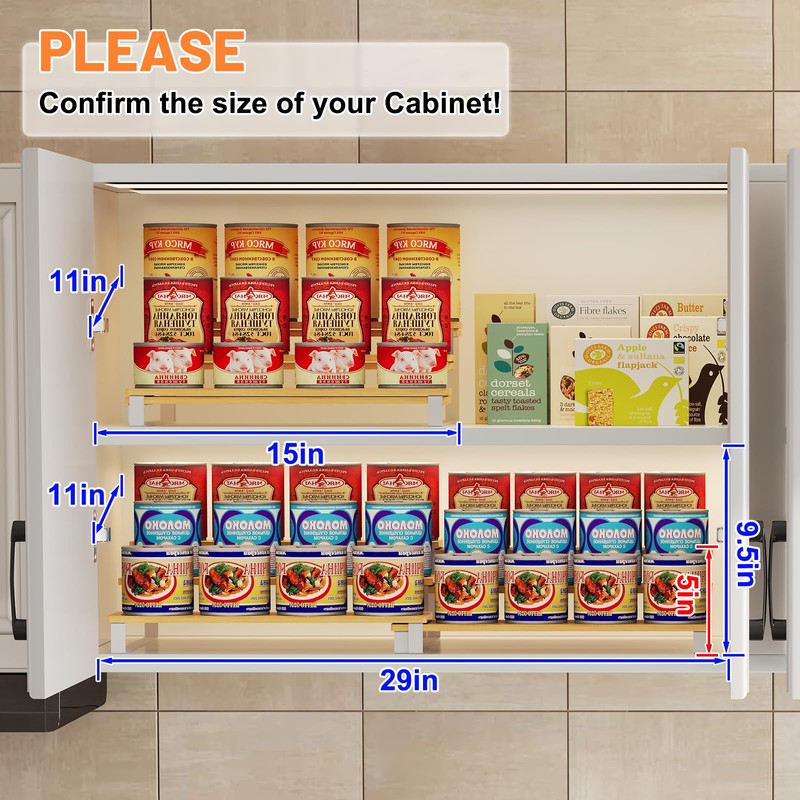 Expandable Can Organizer for Pantry, 3-Tier Adjustable Bamboo & Iron