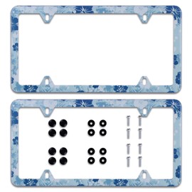 【2Pcs】Vintage Hibiscus Beautiful Blue White Floral License Plate Frame Hawaii Stainless Steel Metal Car Plate Cover Accessory Rustproof Decor 8 Holes Screws 12.3" x 6.3" Fit All Vehicle Standard Size