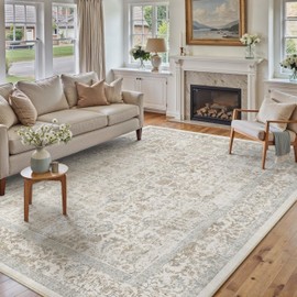 PureCozy Taupe Area Rug 5x7 Machine Washable Vintage Living Room Distressed Non Slip Carpet Traditional Indoor Bedroom Retro Floral Accent Throw Large Rug for Office Kitchen Bathroom Dining Room