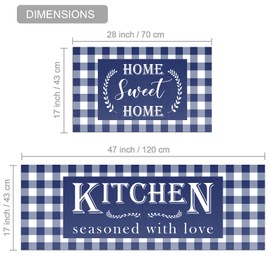 HOLVDENG Blue Buffalo Plaid Kitchen Mat Set of 2 Non Slip Thick Kitchen Rugs and Mats for Floor Comfort Standing Mats for Kitchen, Sink, Office, Laundry, 17"x47"+17"x28"