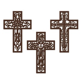 Bnesi 3 Pcs Wooden Cross Wall Home Decor Brown Cross Carved Pattern Crosses Religious Cross Decorations Handmade Antique Wall Crosses for Living Room Church Wedding Office Hospital (Brown)
