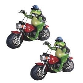 ICE ARMOR 2-PC Gift Set 10" W Frog Couple Riding Motorcycle with Beanie Statue Funny Animal Figurine Statue Ornament Home Room Office Decor Ideas