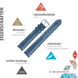 MARBURGER Watch Strap 20 mm Leather Shark Embossing XL – Tool Assembly Set 68220, blue/silver, Strap.
