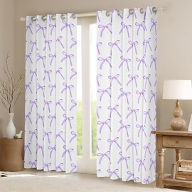 Cortinas de ventana con lazo de dibujos animados para niños, con nudo de pajarita, cortinas de ventana de princesa para niñas y mujeres, bonitos lazos geométricos, morados, románticos, con ojales en