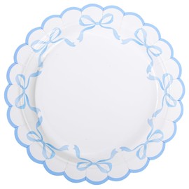 Elyxio 24Pcs Blue Bow Paper Plates Coquette Disposable Party Plates Scalloped Bowknot 7" Dessert Plate for Birthday Bridal Baby Shower Tableware Supply Table Decor