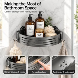 2 PCS Corner Shower Caddy Suction Cup with Hooks, No-Drilling (Gray)