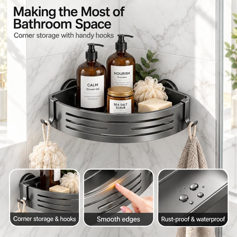 2 PCS Corner Shower Caddy Suction Cup with Hooks, No-Drilling