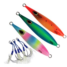 Kmucutie Saltwater Glow Fishing Jigs Deep Sea Fishing Jig Lures for Tuna,Grouper,Dogtooth,Bass Salmon (3 Piece Mixed Color C-with Hook, 250 G)