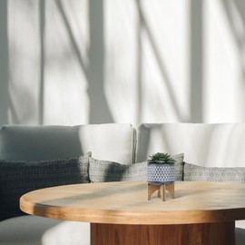 Sagebook Home 6" H 5" Diameter Dark Gray and Ivory Aztec Design Ceramic Planter with Solid Rubberwood Stand for Display in Living Room, Study, or Bedroom