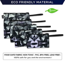 Nordic By Nature Reusable Sandwich Bag Snack Bags - Value Pack of 5 Dual Layer Lunch Baggies - Dishwasher Safe - Eco Friendly Cloth Wraps - Easy Open Zipper (Grey/Neon)