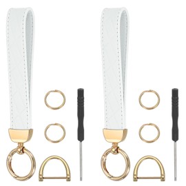 sourcing map Leather Wristlet Keychain Car Key Chain Wristlet for Women, 7 Inch Key Fob Holder with D Ring and 2 Key Ring for Keys Wallets Purse, Gold Tone/White Pack of 2
