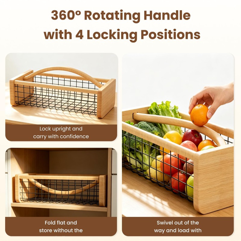 Solid Wood Harvest Hod Basket with 360° Rotating & Foldable