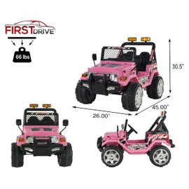 First Drive Wrangler Truck - 12v Dual Motor Kids Electric Ride-On Car with Remote Control, MP3 Playback, Aux Cord, Premium Wheels (Pink)