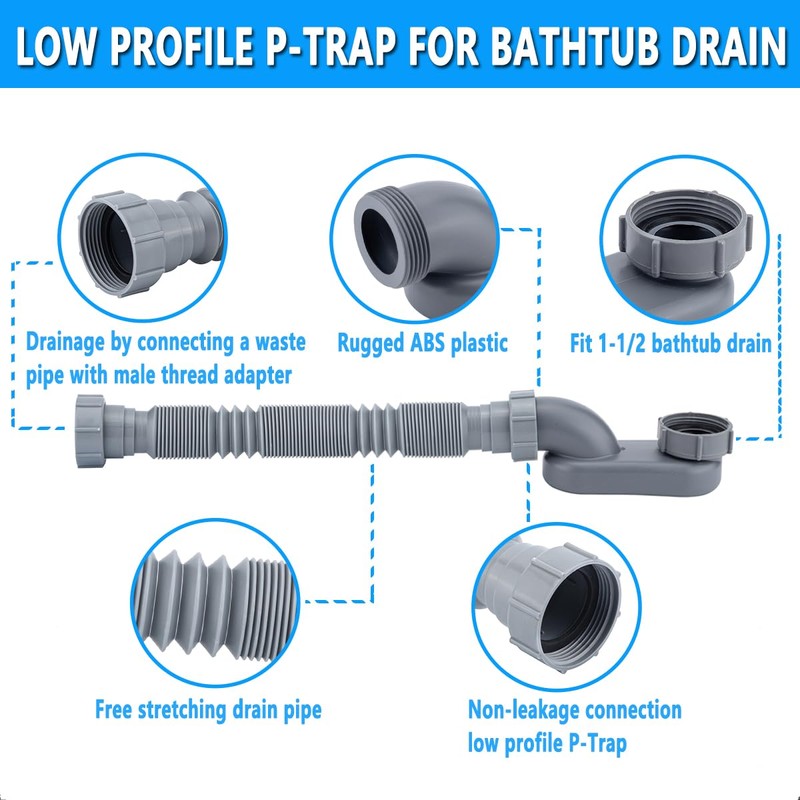 Low Profile 1 1/2 P Trap, Flexible Bathtub Shower Drain