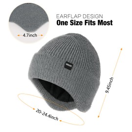 Wmcaps Winter Fleece Line Beanie with Earflap for Men Women, Outdoor Warm Thermal Knitted Hat Stocking Caps (Grey)