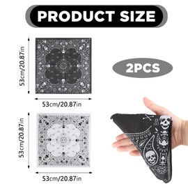 Pack of 2 Bandana Black White Bandana Scarf Headscarf with Skull Design and Checked Edge Skull Paisley Bandanas Skull Headband Headscarves for Men Women Children Costume Accessories, black