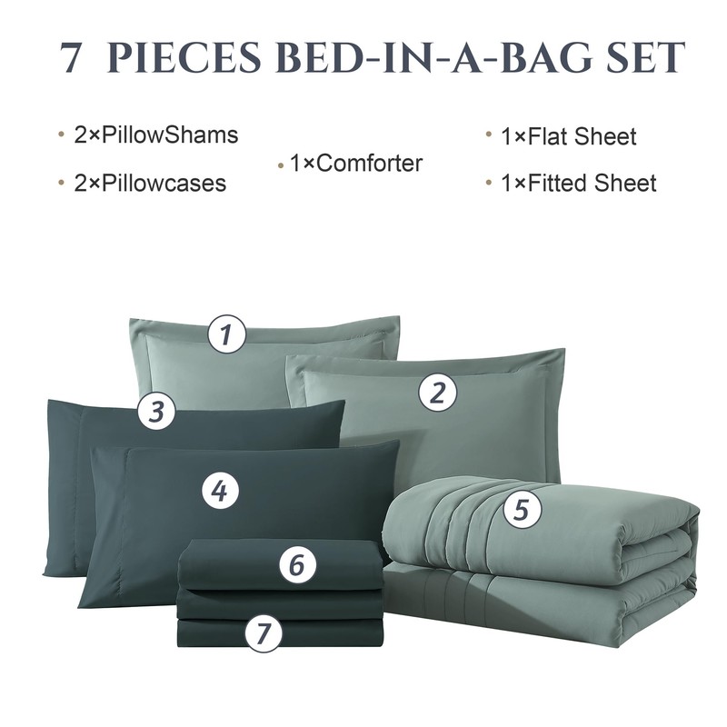 Monbix Queen Comforter Set - 7 Pieces Sage Green Bed
