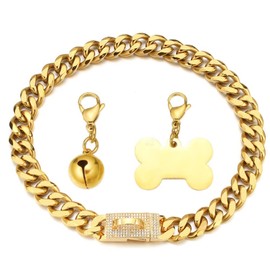 RUMYPET Gold Dog Chain Collar 18K Cuban Link Chain Collar with Cubic Zirconia Design Buckle, Dog ID Tag and Bell 15mm/19mm Heavy Duty Chew Proof Stainless Steel Dog Chain Collar 10-26inch(15mm,12inch)