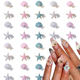 Mkwntg 24Pcs Alloy Seashell Starfish Nail Charms 3D Colorful Summer Beach Vacation Nail Rhinestone Shiny Metal Pink Blue White Nail Charms Ocean Silver Diamond Nail Accessories for Women DIY Manicure