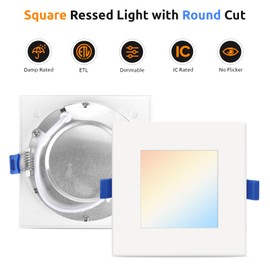 HONZIN Square LED Recessed Lighting 4 Inch, 5CCT Ultra Thin Led Recessed Ceiling Lights 6 Pack, Selectable 2700K/3000K/3500K/4000K/5000K, 9W, IC Rated, Dimmable Square White Trim with Junction Box