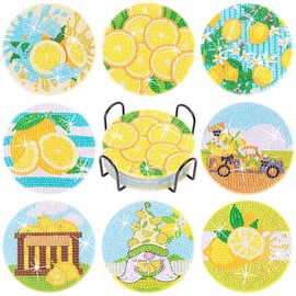 Praise V Do 8Pcs Diamond Painting Coasters Kit with Holder Cork Base, DIY Lemon Summer Coasters Diamond Painting Kit for Beginners, Adults DIY Diamond Art Craft for Housewarming Apartment Bar