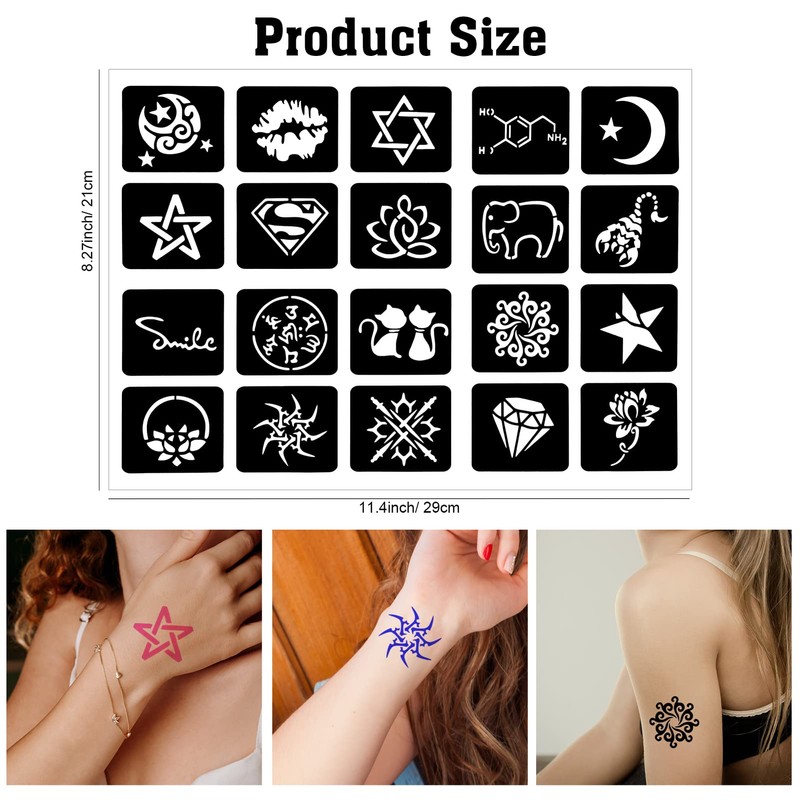 Qpout Tattoo Stencils for Children and Adults, 16 Sheets Henna