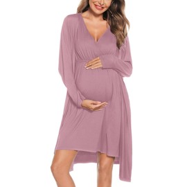 SWOMOG Women Maternity Nursing Gown and Robe Set 3 in 1 Labor Delivery Nightgown Pajamas for Breastfeeding Hospital Bathrobe