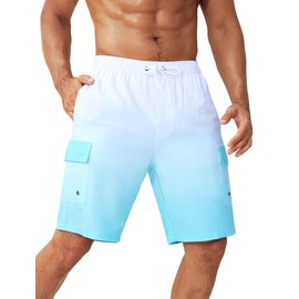 SILKWORLD Mens Swim Trunks 9" Swimming Shorts Quick-Dry Bathing Suits with Compression Liner and Cargo Pockets Gradient White Blue X-Large