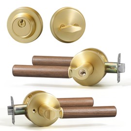 YAGU Wooden Round Entry Lever Door Handle and Single Cylinder Deadbolt Locking Lever Handle Set Pack of 1 [Front Door or Office] Right & Left Sided Doors Heavy Duty – Satin Brass Finish