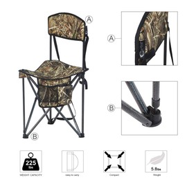 PORTAL Extra Large Quick Folding Tripod Stool with Backrest Fishing Camping Chair with Carry Strap (Camo)