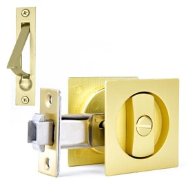 Dontay Pocket Door Lock and Pull, Privacy (Bed/Bath) Latch, Flush Handles, 2-3/8" Backset, Hardware for 1 3/8” to 2 3/16” Thickness Door (Satin Brass, 1)