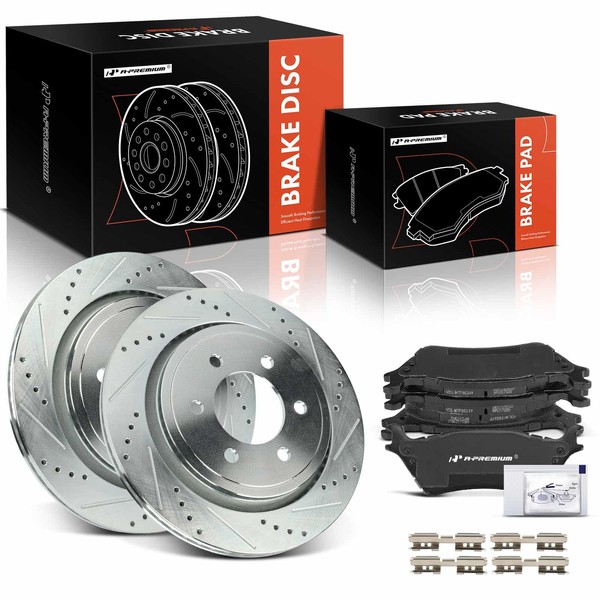 A-Premium 13.23 inch (336mm) Rear Drilled and Slotted Disc Brake Rotors + Ceramic Pads Kit Compatible with Select Ford Models - F-150 F150 2015 2016 2017, with Electric Parking Brake, 6-PC Set