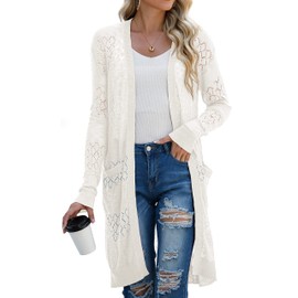 GRECERELLE Womens Lightweight Summer Long Cardigans Long Sleeve Casual Crochet Open-Front Sweater with Pockets, White, X-Large